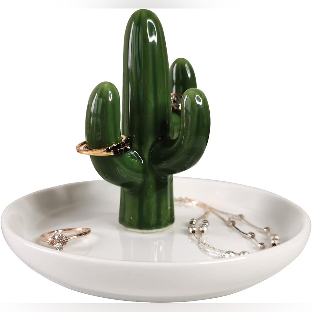 Cactus Ring Jewelry Trinket Dish — Green and White